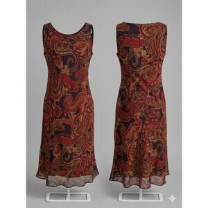 Vintage 90s Paisley Mesh Midi Dress Red Brown Boho Whimsigoth Grunge 6 petite